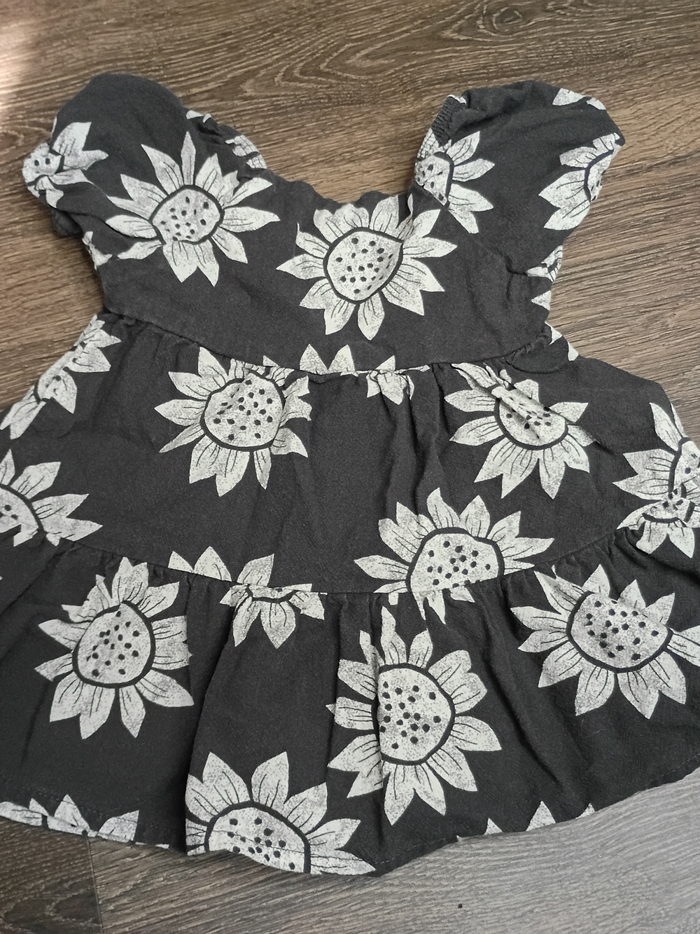 Girls Black Sunflower Tiered Cotton Casual Dress